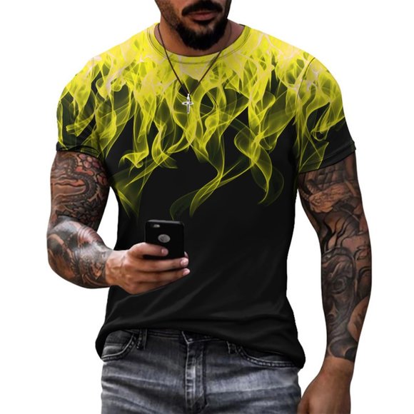 Men's Graphic Print T-Shirt 3D Design Yellow Flames Crew Neck - Short Sleeve - Picture 1 of 2